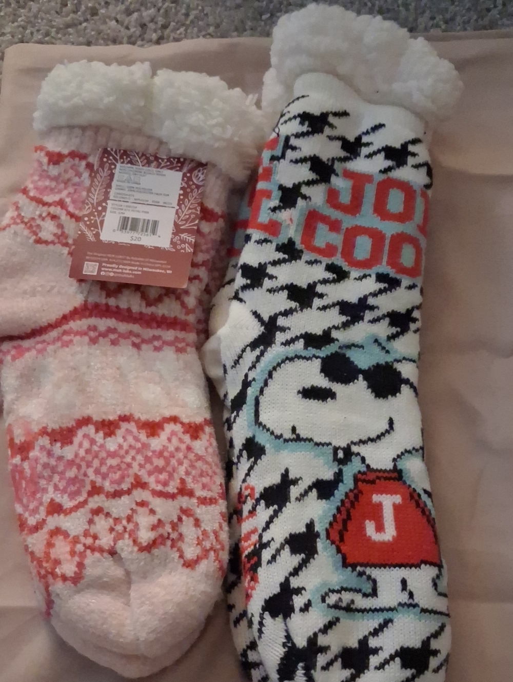 Snoopy Kids Cozy Plush-Lined Socks - White, Pink, Red
